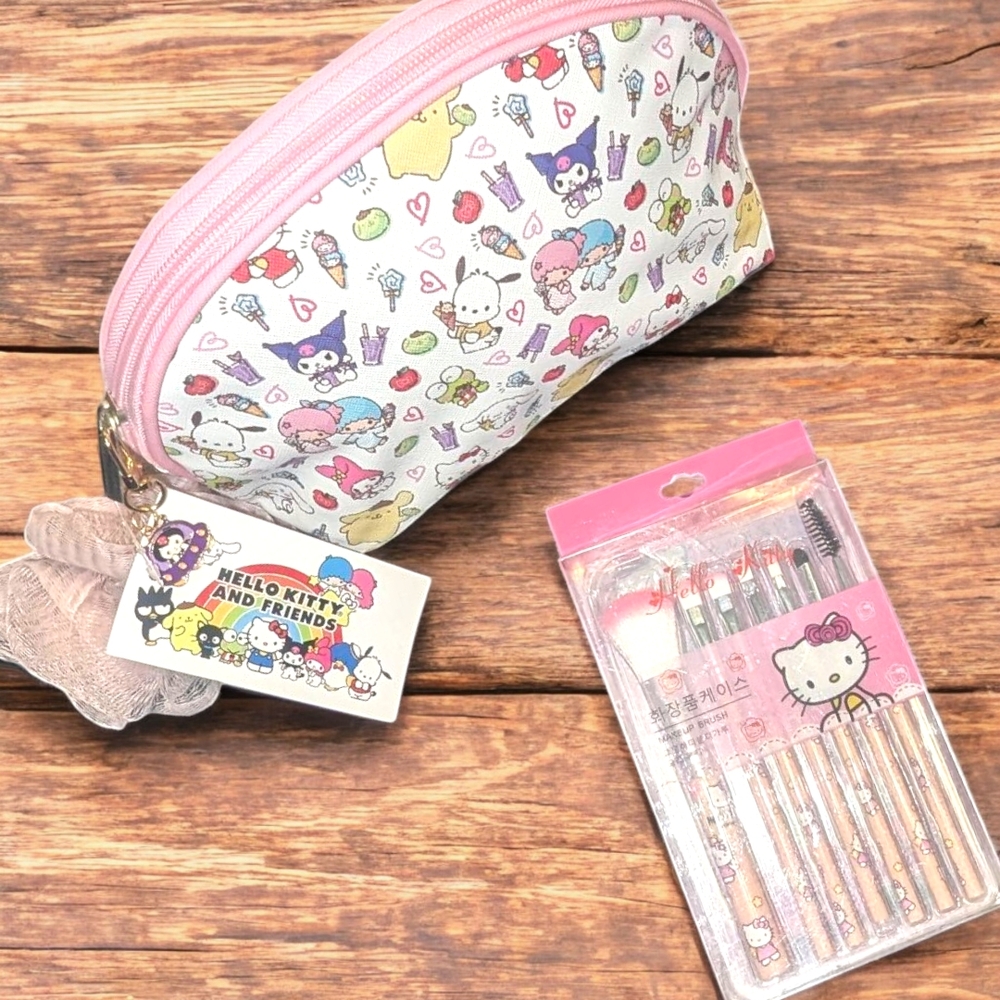 Sanrio Hello Kitty and Friends Pink Cosmetics Bag & Makeup Brushes + Pink Pouf